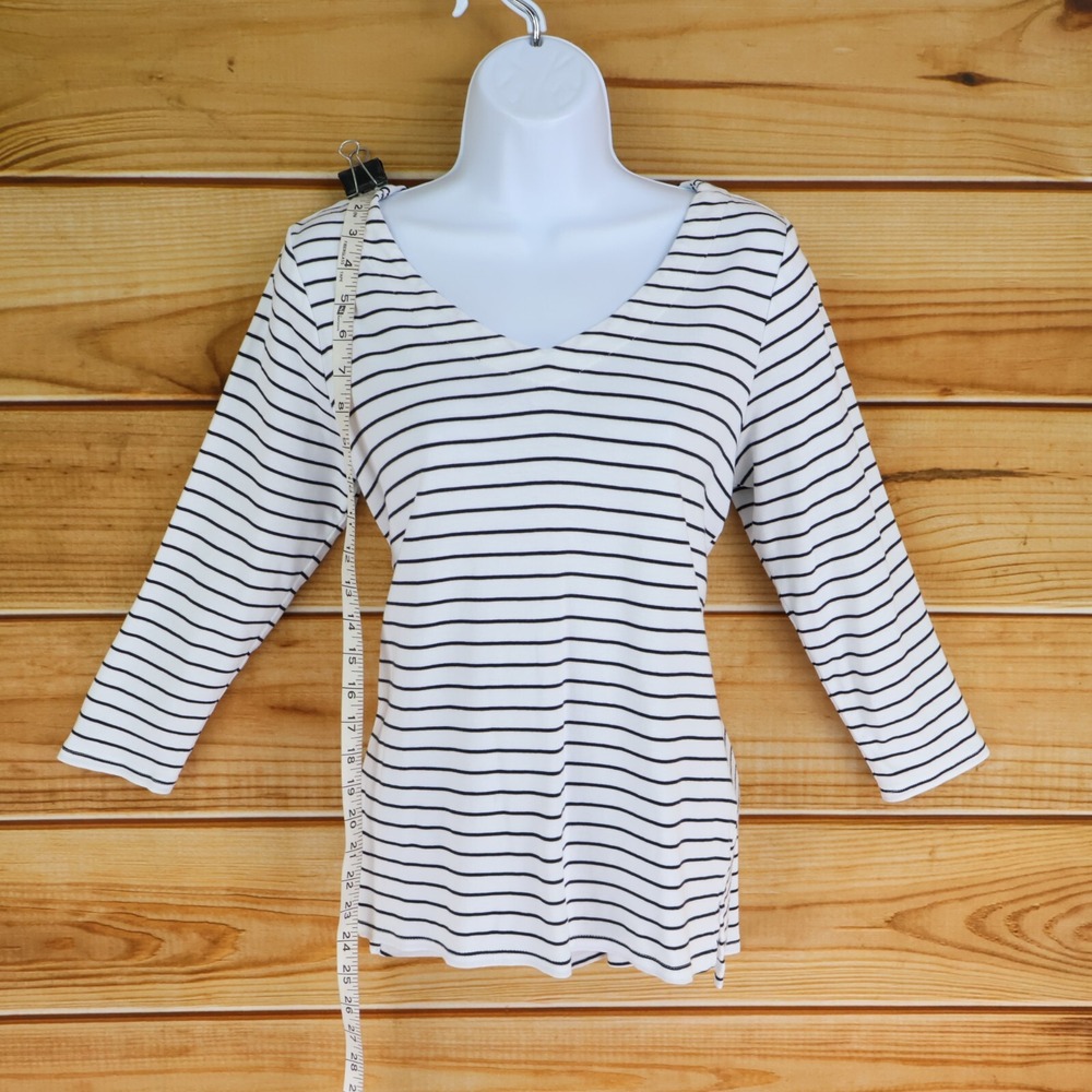 J. Jill 3/4 Sleeve V-Neck Shirt Womens S White Black Striped 100% Cotton Stretch - Picture 3 of 6